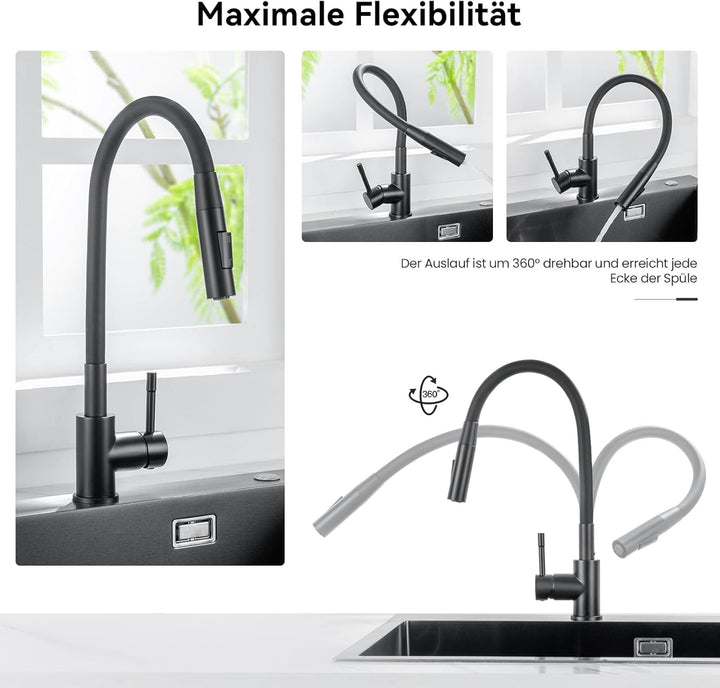 CECIPA Wasserhahn Küche Gebürstet, Flexibler Wasserhahn mit 2 Strahlarten, Küchenarmatur Schwarz 360