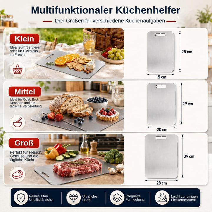 3 Stücke Titan Schneidebrett S316 Edelstahl, BPA-frei Doppelseitiges Board für Fleisch, Brot, Gemüse