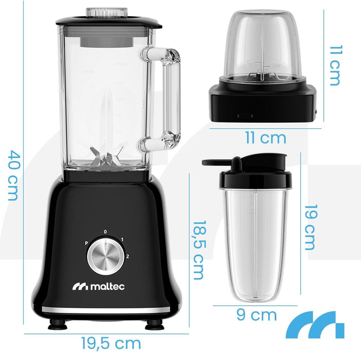 MalTec Standmixer Glas Smoothie Maker für Cocktails BL1800W Blender, Mühle,2 Bidons 1,6l Schwarz