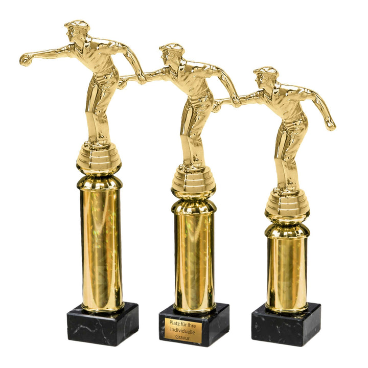 · Boule · Pétanque · Bosseln · Boccia · Pokale · Spieler mit Boulekugel auf Goldsäule/Marmor schwarz