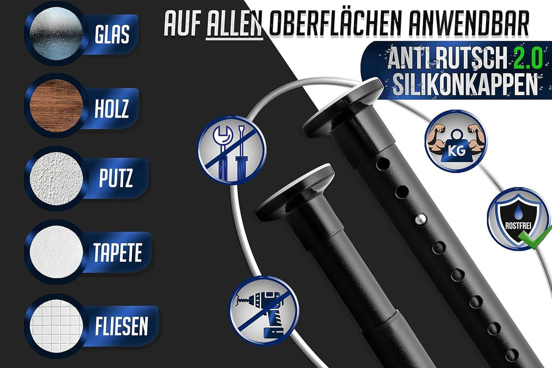 MEISENBERG Duschvorhangstange ohne Bohren 160-210cm, Ø25mm Matt Schwarz Klemmbare belastbare Gardine
