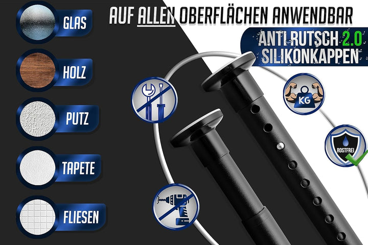 MEISENBERG Duschvorhangstange ohne Bohren 160-210cm, Ø25mm Matt Schwarz Klemmbare belastbare Gardine
