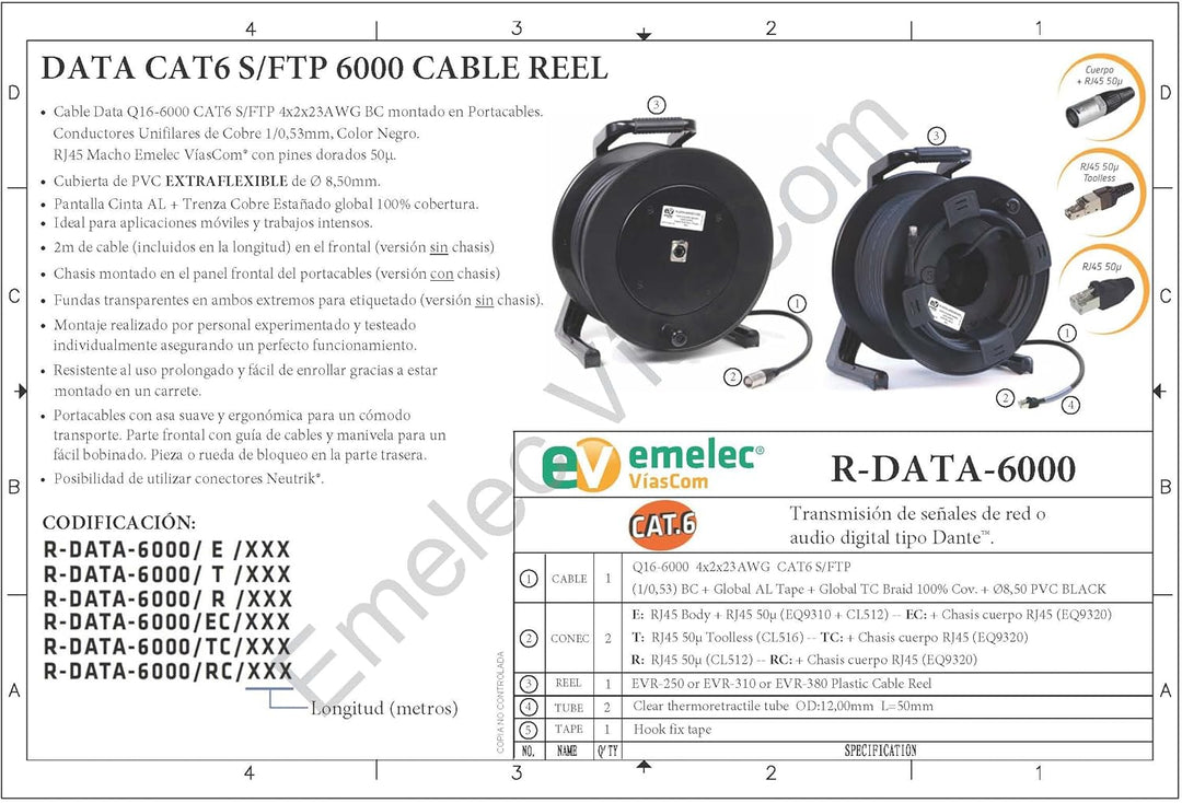 R-DATA-6000/EC/090 – 90 m, extra flexibles CAT6 SF/UTP BC-Kabel, 4 x 2 x 23 AWG, montiert auf Kabelk