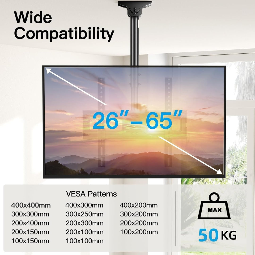 TV-Halterung für TV-Decke, neigbar und schwenkbar, verstellbar für Bildschirme von 26 bis 65 Zoll –