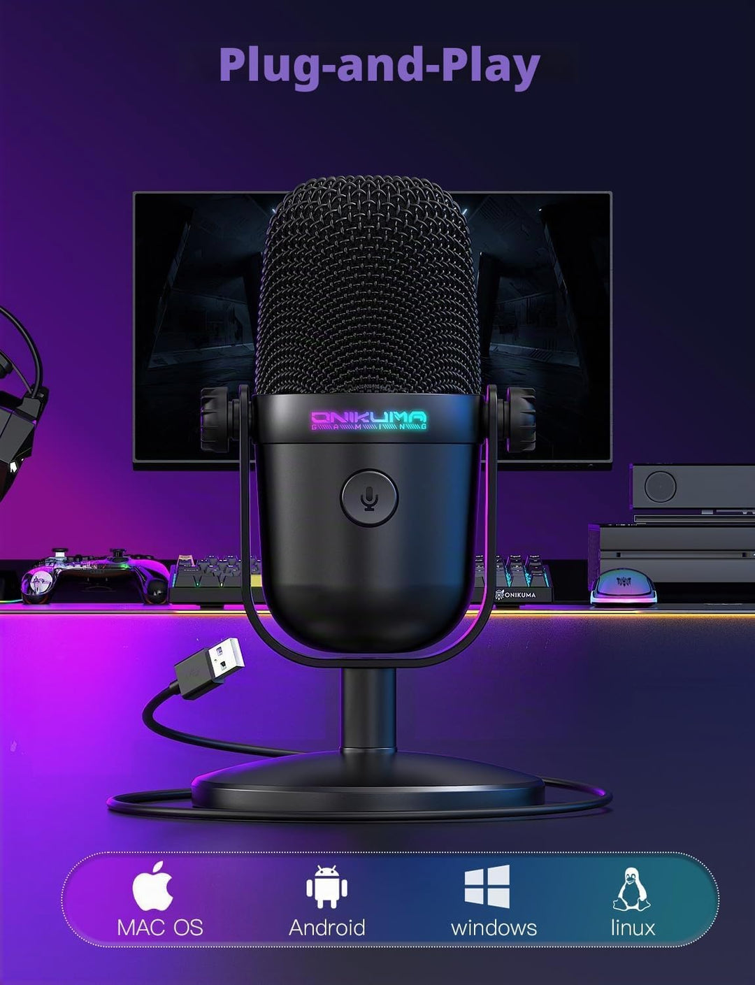 Gaming-Mikrofon mit Geräuschunterdrückung & Stummschalttaste, USB-Kondensatormikrofon für Streaming/