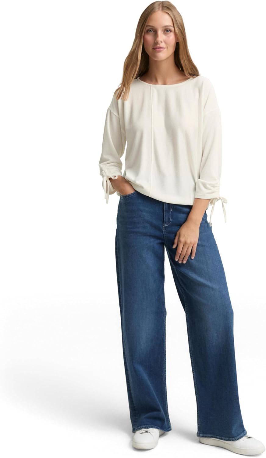 TOM TAILOR Denim Damen Loose Fit Longsleeve mit Streifen & Raffarm XS 10332 - Off White, XS 10332 -