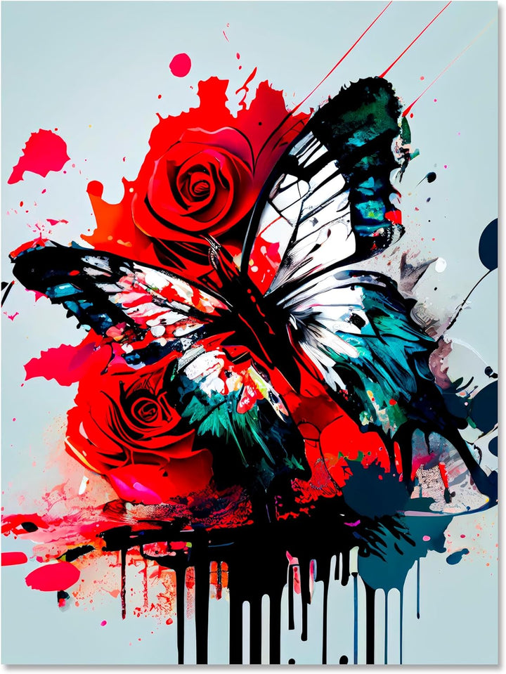 wandmotiv24 Leinwandbild Digital Art, 60x45cm, Hochformat, Schmetterling, Rosen, Deko, Bilder auf Le