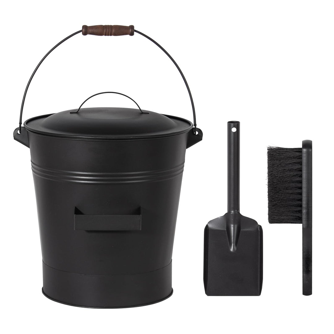 Todeco Ascheeimer Metall 19 L mit Deckel, Schaufel & Bürste, Hitzebeständiger, Holzgriff, Für Kamin,