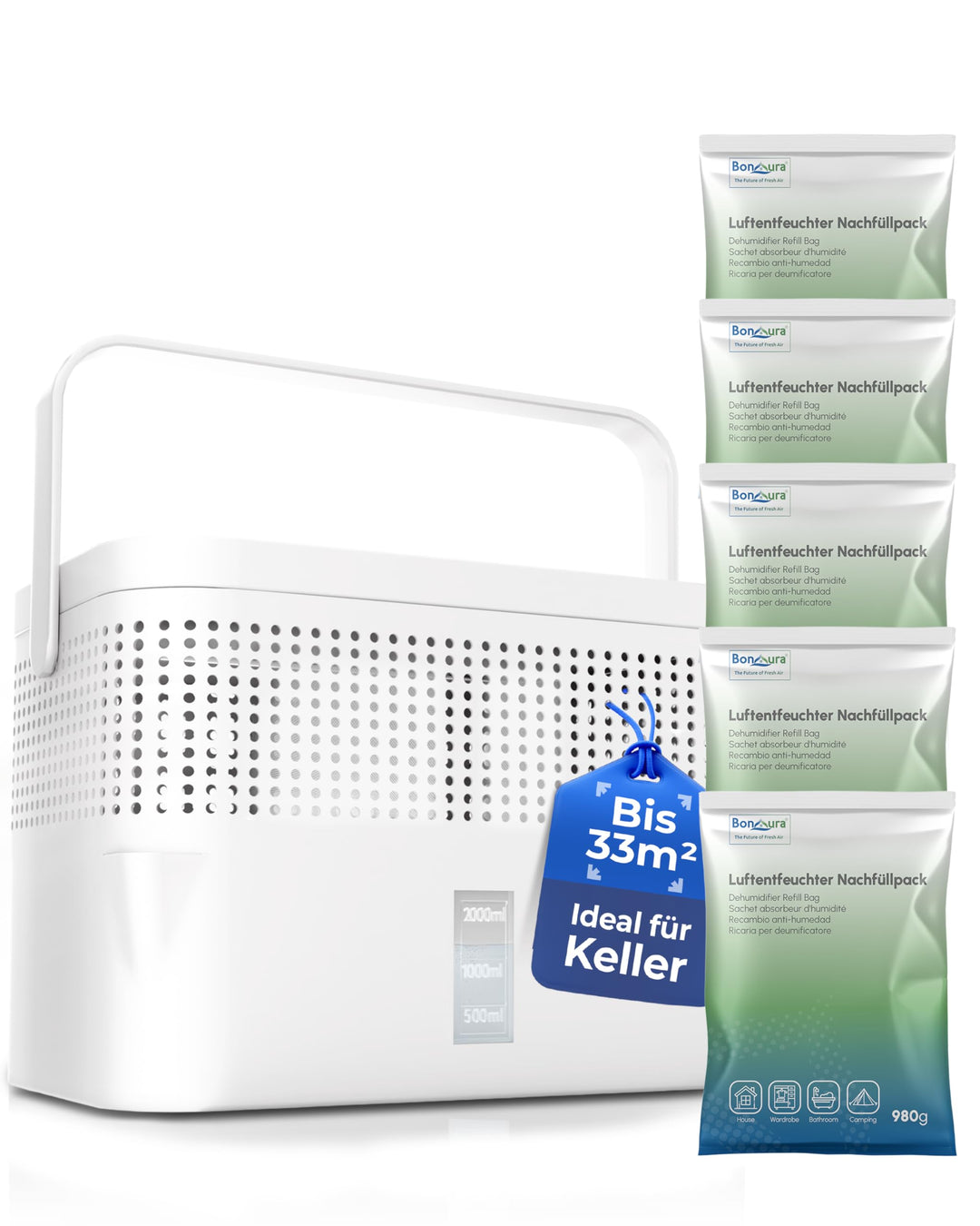 BonAura® AirOne Max Luftentfeuchter ohne Strom bis 33m² I 360° Belüftung I Raumentfeuchter mit Ausgi