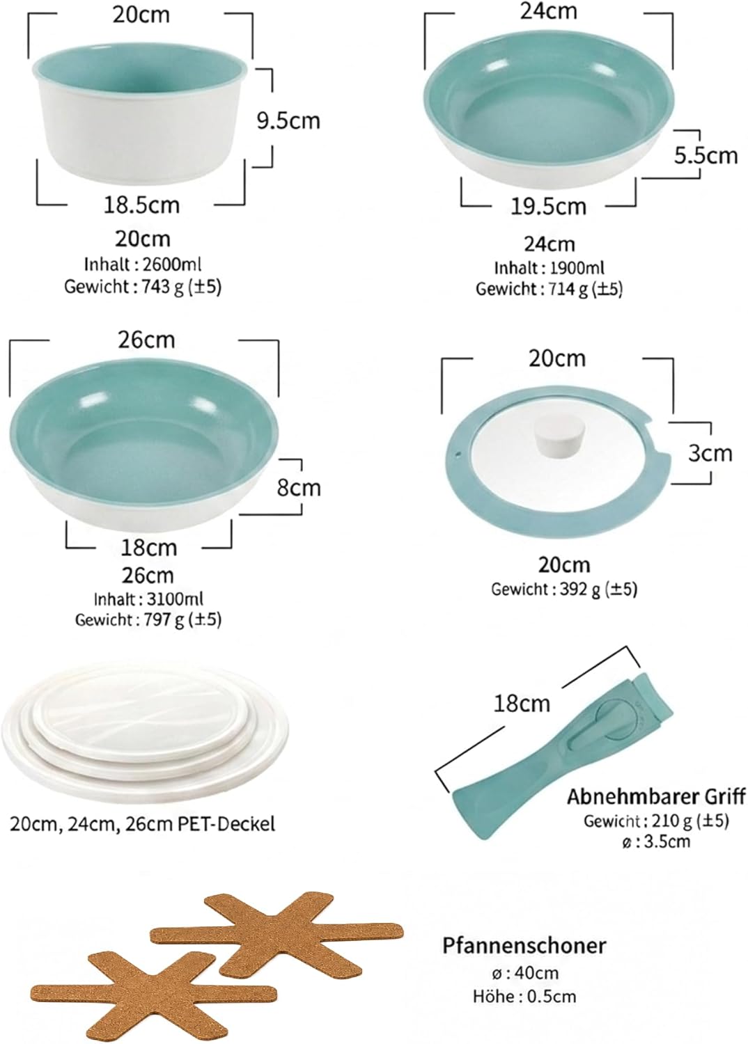 NEOFLAM® - Midas Plus Topf- und Pfannen-Set mit abnehmbarem Griff, 8-teilig, induktionsgeeignet, Ker