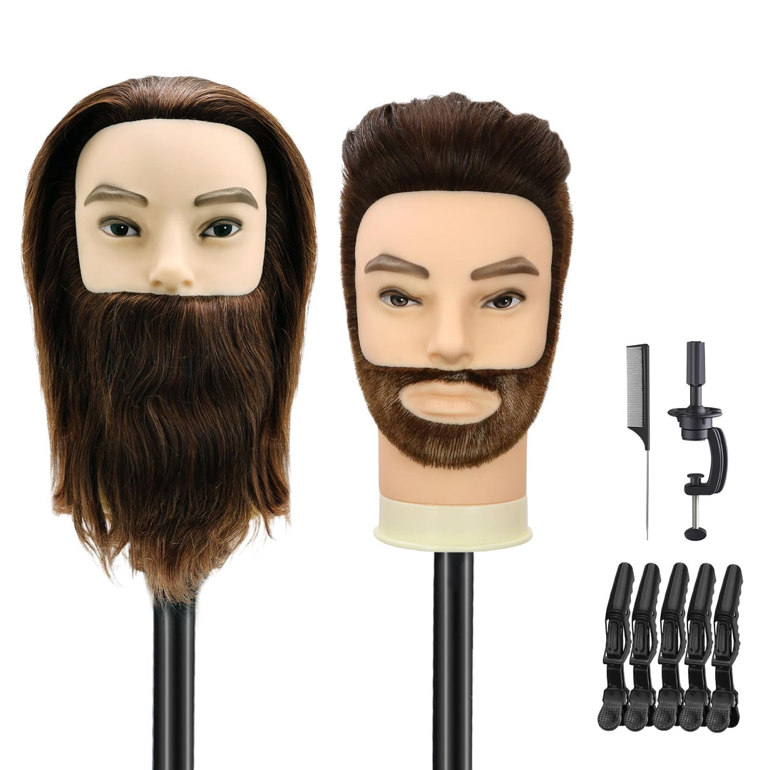 TwoWin 12 Zoll (30.5 cm) Mann Frisierkopf 100% Echthaar mit Bart, Frisurenkopf Männlicher Haarschnit