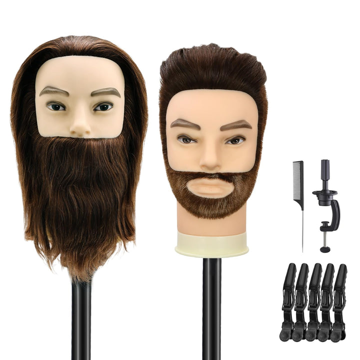 TwoWin 12 Zoll (30.5 cm) Mann Frisierkopf 100% Echthaar mit Bart, Frisurenkopf Männlicher Haarschnit