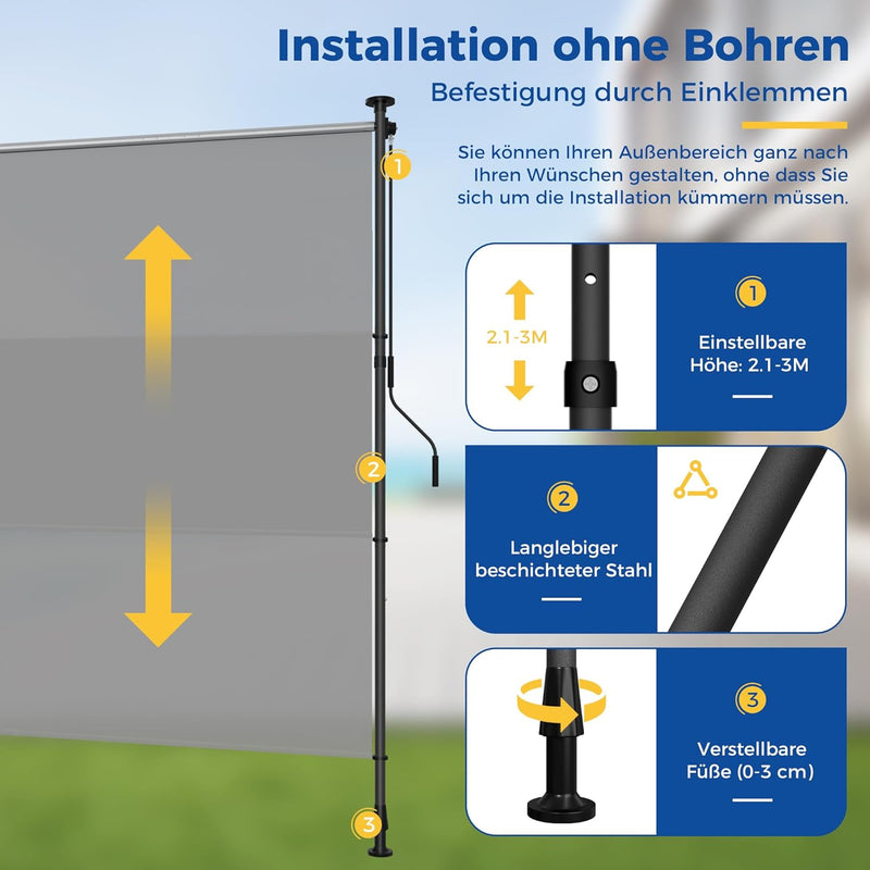 HOMEDEMO Senkrechtmarkise Aussen, Vertikalmarkise ohne Bohren, Balkonrollo mit Handkurbel, Sichtschu