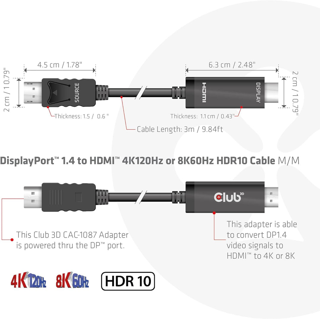 Club3D CAC-1087 DisplayPort 1.4 auf HDMI 4K120Hz oder 8K60Hz HDR10 Kabel 3m St./St.