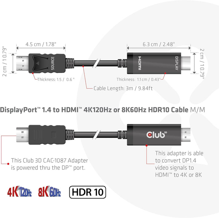 Club3D CAC-1087 DisplayPort 1.4 auf HDMI 4K120Hz oder 8K60Hz HDR10 Kabel 3m St./St.