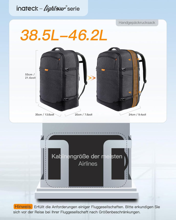 Inateck 38.5-46.2 L Reiserucksack erweiterbarer Herren Damen Handgepäck Flugzeug Rucksack, 15.6 Zoll