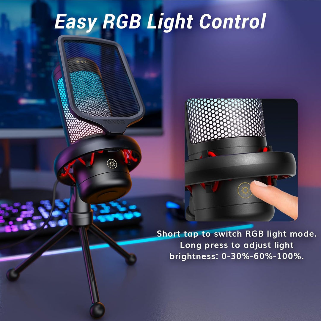 TONOR Gaming Mikrofon PC, USB Microphone für Computer PS4/5, Kondensatormikro mit RGB-Modi & Helligk