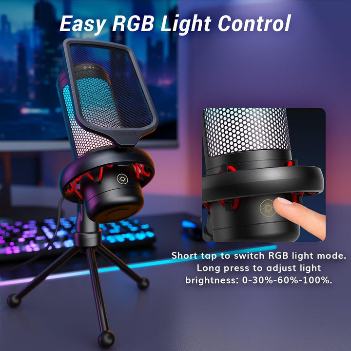 TONOR Gaming Mikrofon PC, USB Microphone für Computer PS4/5, Kondensatormikro mit RGB-Modi & Helligk