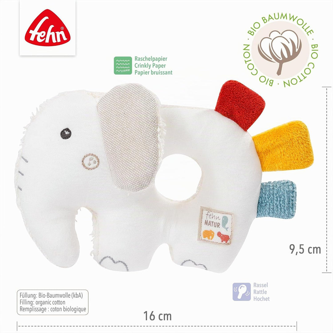 Fehn 056075 Ring-Greifling Elefant fehnNATUR – Bio-Babyspielzeug mit Rassel und Raschelpapier für Ba