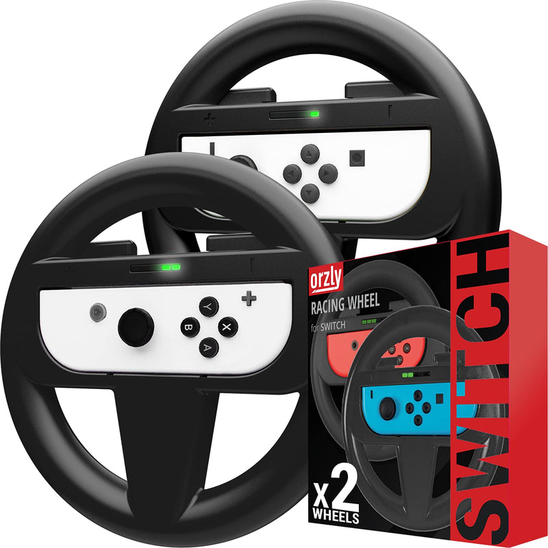 Orzly 2 x Lenkräder für Nintendo Switch – 2 x schwarzes Lenkrad für Joy-Cons der Nintendo Switch Kon