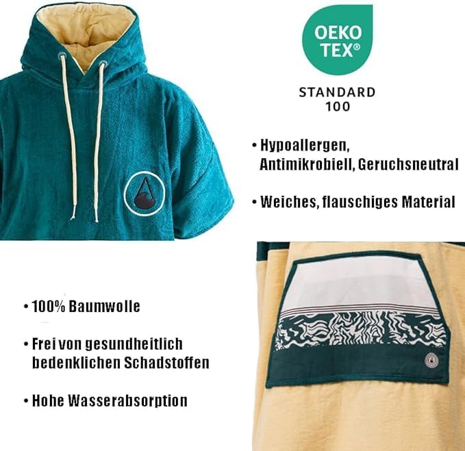 WAVE HAWAII Poncho Petrol Surfponcho 100% Baumwolle für Körpergrössen von 160-190 cm Umkleidehilfe f