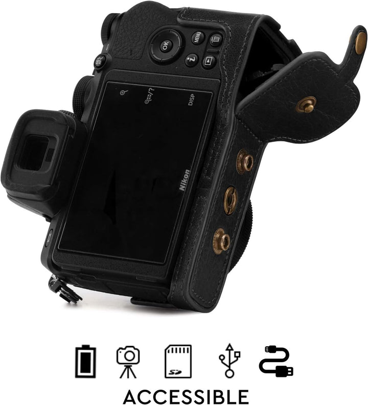 MegaGear Ever Ready MG1813 Kameratasche aus Echtleder, kompatibel mit Nikon Z50 (16-50 mm), Schwarz,