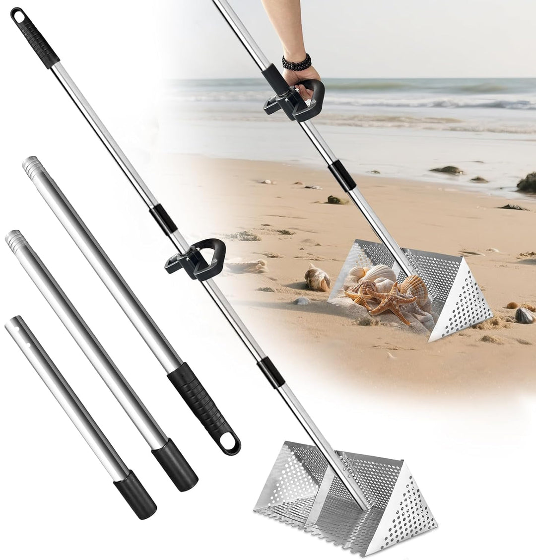 Sandflohharke, Sandsieb gross aus Edelstahl, Abnehmbarer 140 cm Langer Stiel Sand-Sieb mit rutschfes