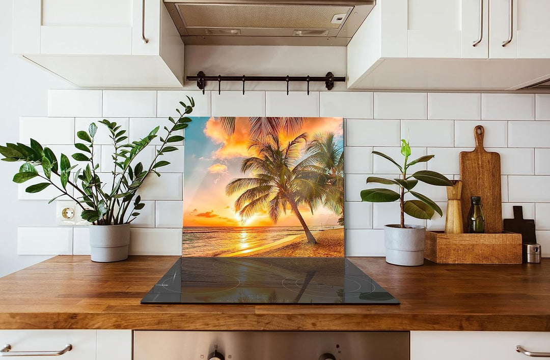 Palmen im Sonnenuntergang auf Barbados Herdabdeckplatte & Spritzschutz aus Echtglas | Für Herd-Kochf