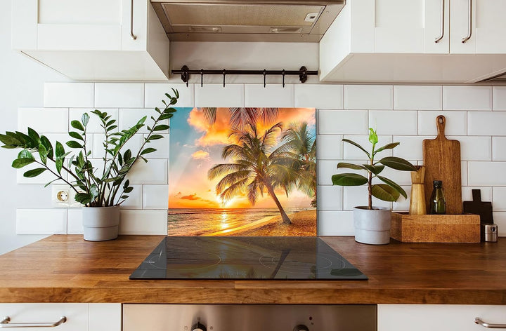 Palmen im Sonnenuntergang auf Barbados Herdabdeckplatte & Spritzschutz aus Echtglas | Für Herd-Kochf