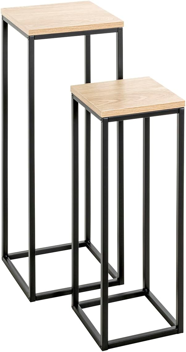 HAKU Blumensäule 2er Set Eiche Natur, schwarz, MDF, Metall - Masse: B 19/23 x H 54/67 x T 19/23 cm,
