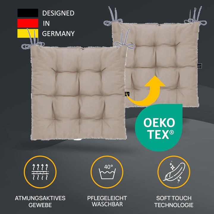 LILENO HOME 2er Set Stuhlkissen 14 Hellbraun (40x40x6 cm) - Sitzkissen für Garten, Küche oder Esszim