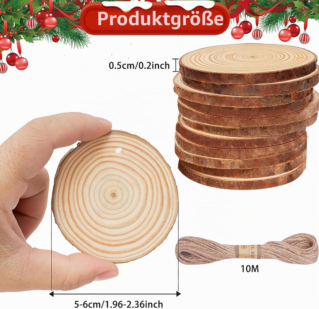 50 Stück Holzscheiben mit Loch, 5-6CM Holz Log Scheiben mit 10m Jute Schnur, Baumscheiben Rund zum B