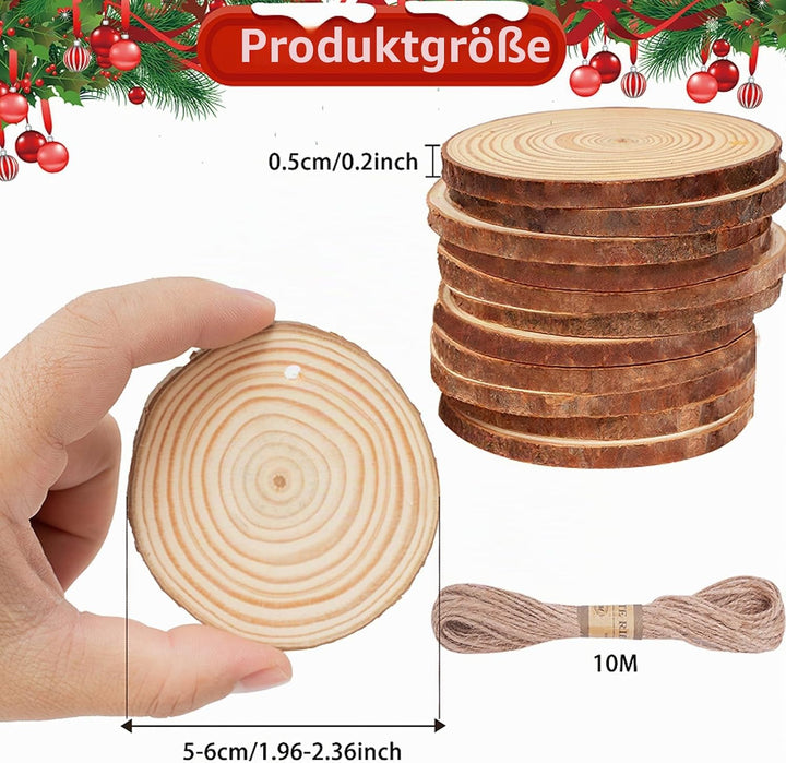 50 Stück Holzscheiben mit Loch, 5-6CM Holz Log Scheiben mit 10m Jute Schnur, Baumscheiben Rund zum B