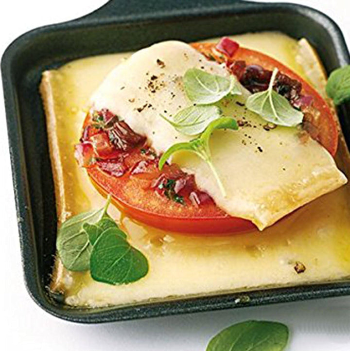 4er Set Quadratische Raclette Pfännchen mit Bambusgriff, 4 Bambusspatel, Antihaft Eisenpfannen, Mini