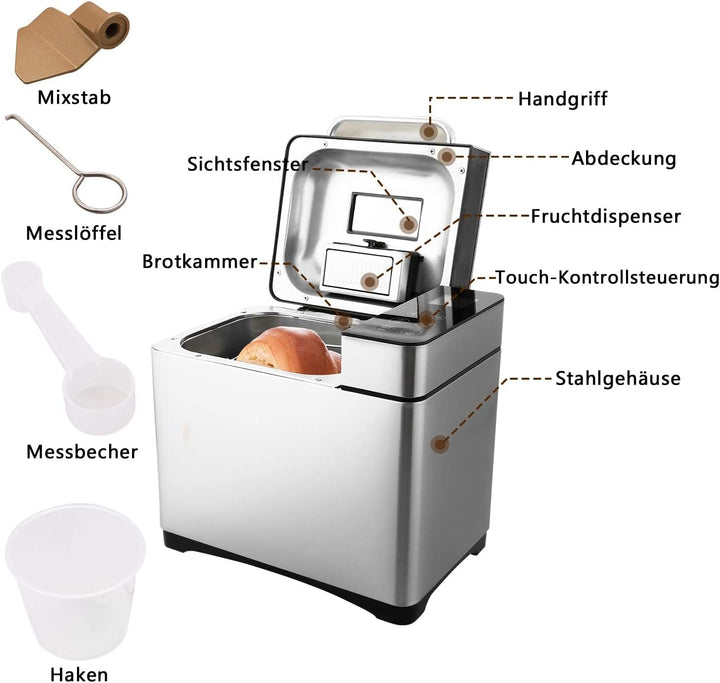 Brotbackautomat 710W Backmeister mit Automatische Zutatenbox, 19 Programme, Edelstahl Bread Maker Vo