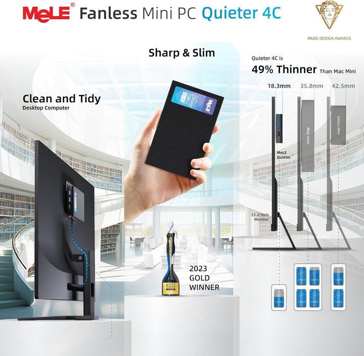 MeLE Quieter4C Lüfterloser Mini PC 8GB DDR4 128GB ROM Micro PC Twin Lake N150(bis zu 3.6GHz) USB-C 2
