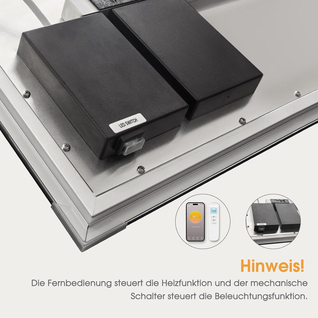 Infrarotheizung Spiegel mit Thermostat 450 Watt - Spiegelheizung Infrarot mit LED Beleuchtung Licht