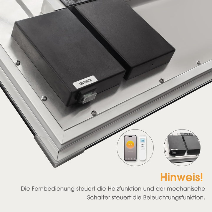 Infrarotheizung Spiegel mit Thermostat 450 Watt - Spiegelheizung Infrarot mit LED Beleuchtung Licht