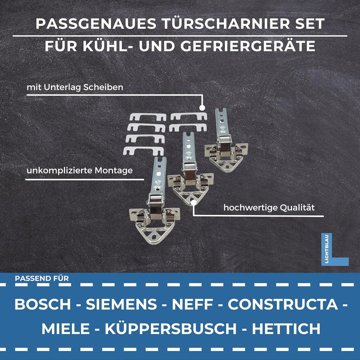 Lichtblau Türscharnier Set Kühlschrank 3 Stück 268698, 00268698, 268699, 00268699 I passend für Bosc