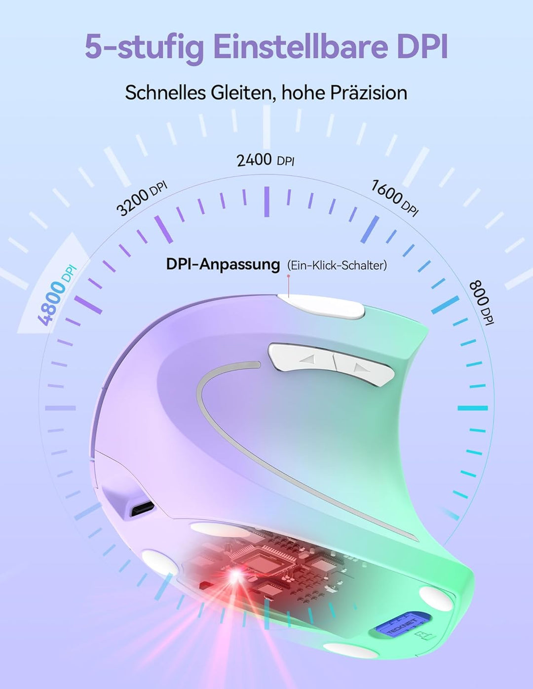TECKNET Wiederaufladbar Ergonomische Maus Kabellos, 2.4G Optische Vertikale Maus Ergonomisch, 5 Eins