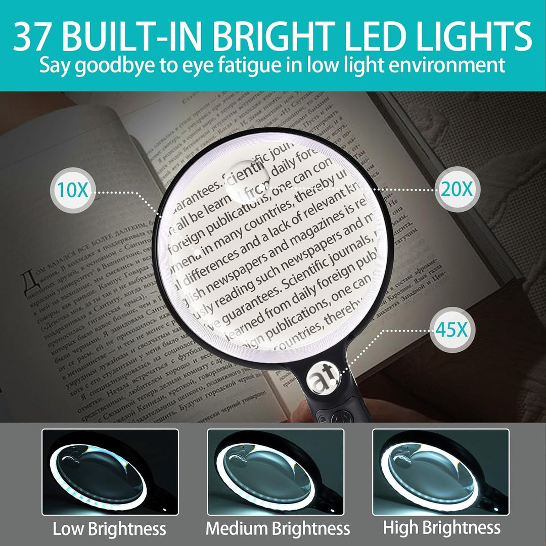Lupe mit Licht USB Aufladbar, 10X 20X 45X Vergrösserungsglas, 37 LED Beleuchtete Handlupe mit 3 Lich