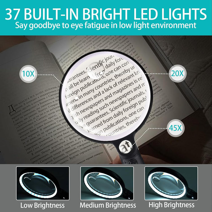 Lupe mit Licht USB Aufladbar, 10X 20X 45X Vergrösserungsglas, 37 LED Beleuchtete Handlupe mit 3 Lich