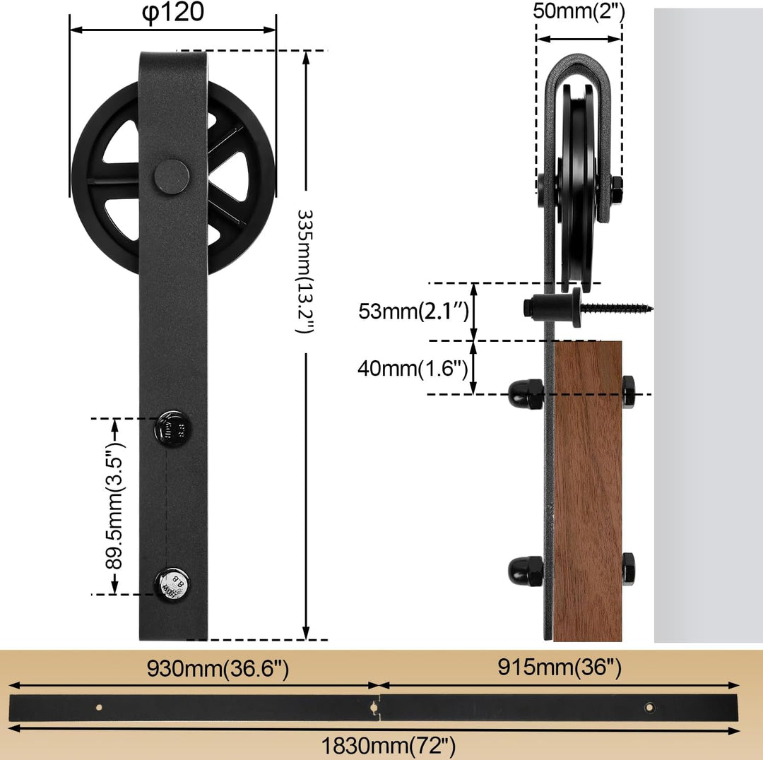 Schiebetürbeschlag Komplettset - Schiebetürsystem für Holz- und Falttüren - 183cm Schwarz - Grosse L