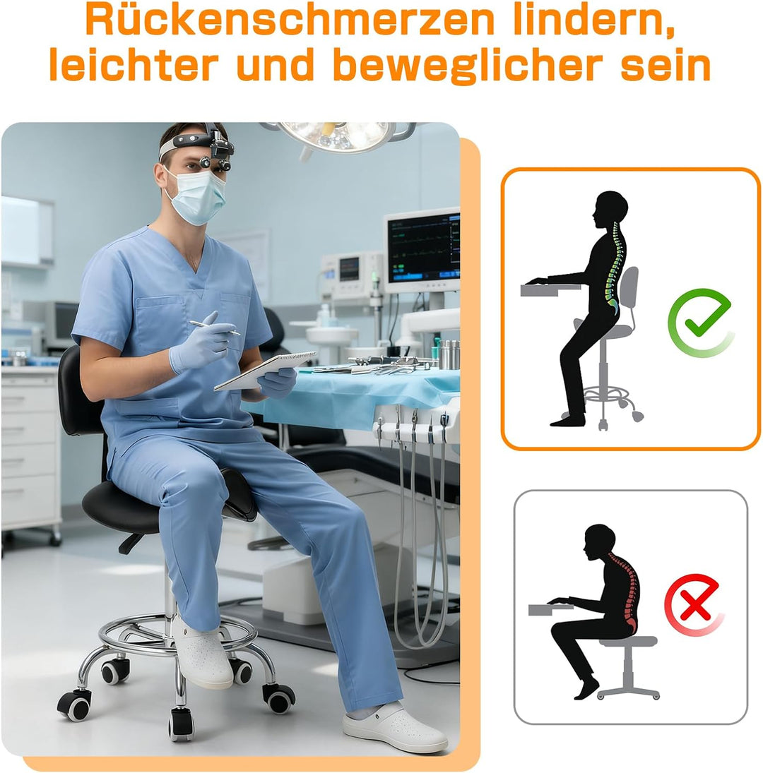 Sattelhocker mit Lehne – 360° drehbarer Hocker mit Rollen und verstellbarer Fussstütze | Sattelhocke