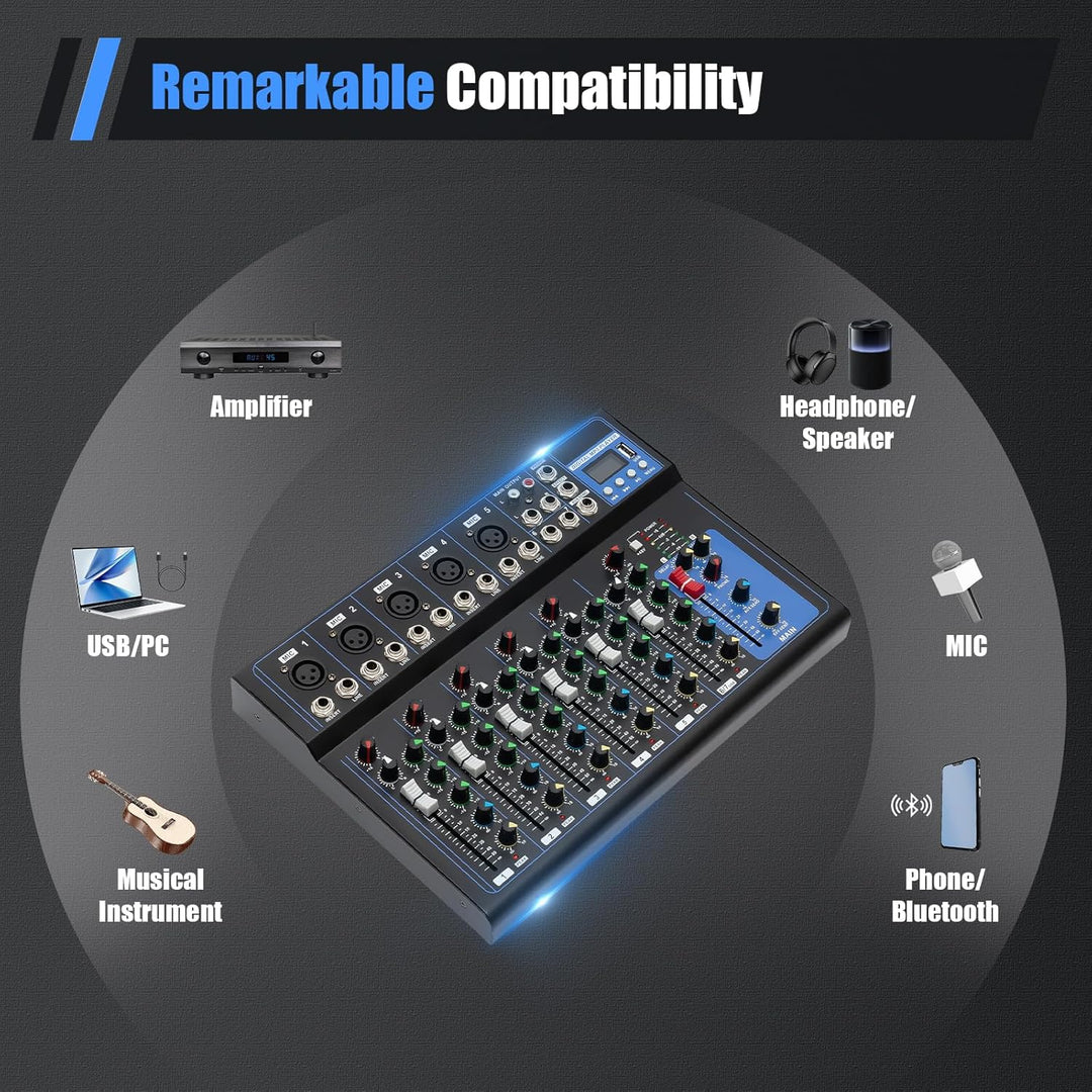 Bluetooth Audio Mixer 7 Kanal Live Studio Audio Mixer USB DJ Console Amplifier Mischkonsole 6 Musikm