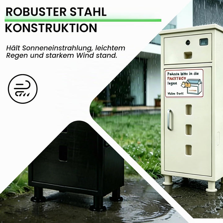 MOZIMOI Paketbox draussen gross XXL, getr. Fächer, Standfüsse 8‑20 cm variabel, schützt Pakete vor S
