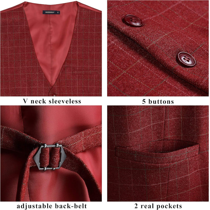 HISDERN Manner Formale Hochzeitsfeier Weste Baumwolle Plaid Kleid Anzug Weste für Herren Burgund XS,