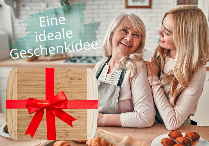 BlauKe® Schneidebrett aus Holz mit Saftrille (37x29cm) – Grosses Bambus Küchenbrett, Servierplatte f