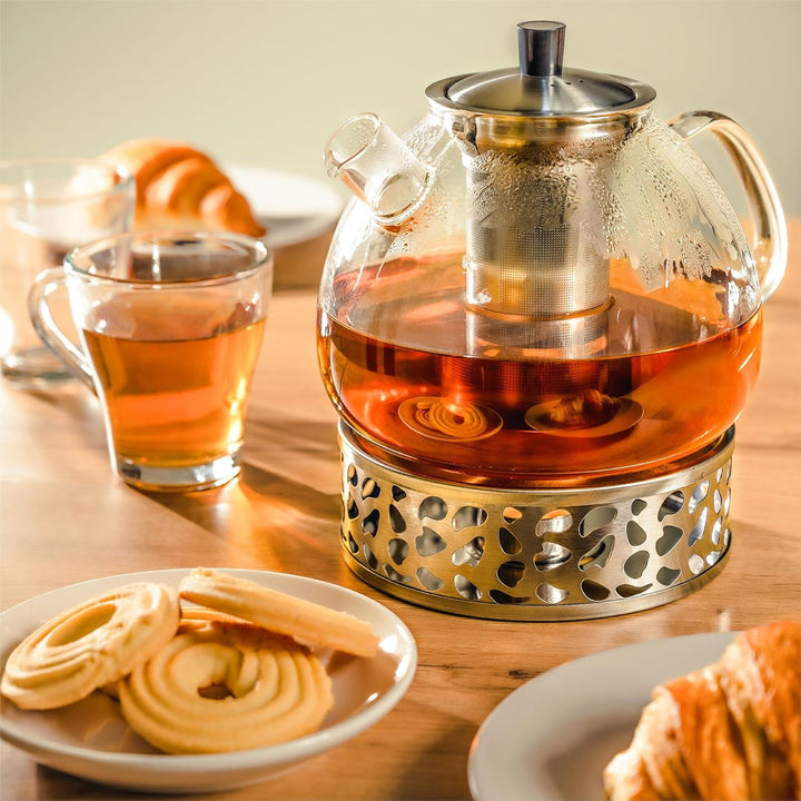 Cosumy Teekanne mit Sieb und Stövchen - 1,5 Liter - Hält lange warm - Spülmaschinenfest - Glas Teebe