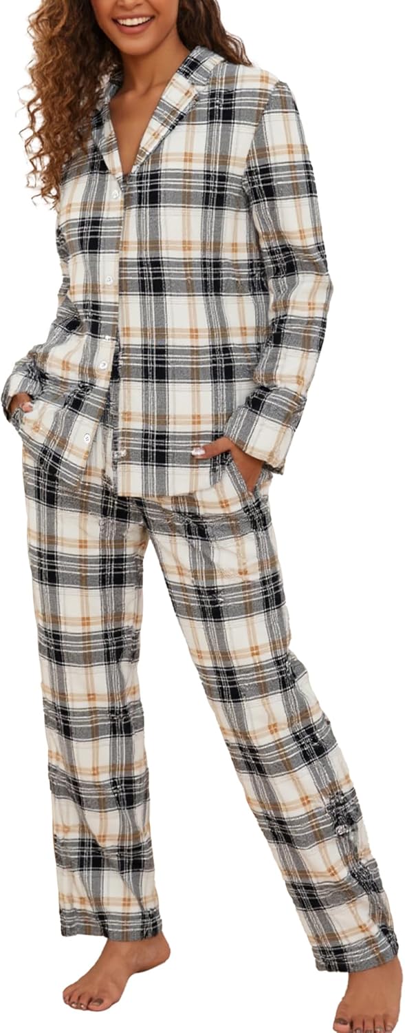 Famulily Frauen Langarm Pyjama Set Plaid Loungewear Sets Button Up Top und Wide Leg Hosen S-XXL S Be